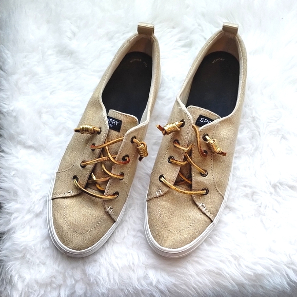 Lightly worn Sperry gold canvas & leather laces slip on shoes
